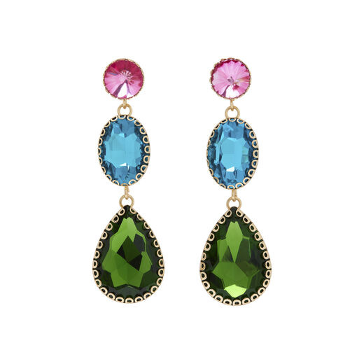 Statement drop earrings featuring jewel tones glass gems.